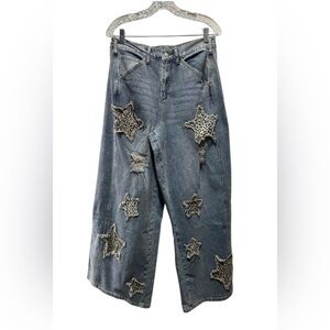 Blue Velvet Relaxed Fit Denim Jeans, Leopard Star Patches, Light Denim, Large